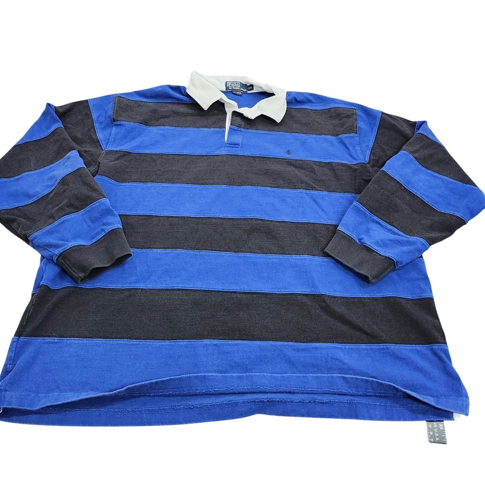 Polo Ralph Lauren Mens XXL Rugby Shirt Blue Black Striped Long Sleeve Cotton
